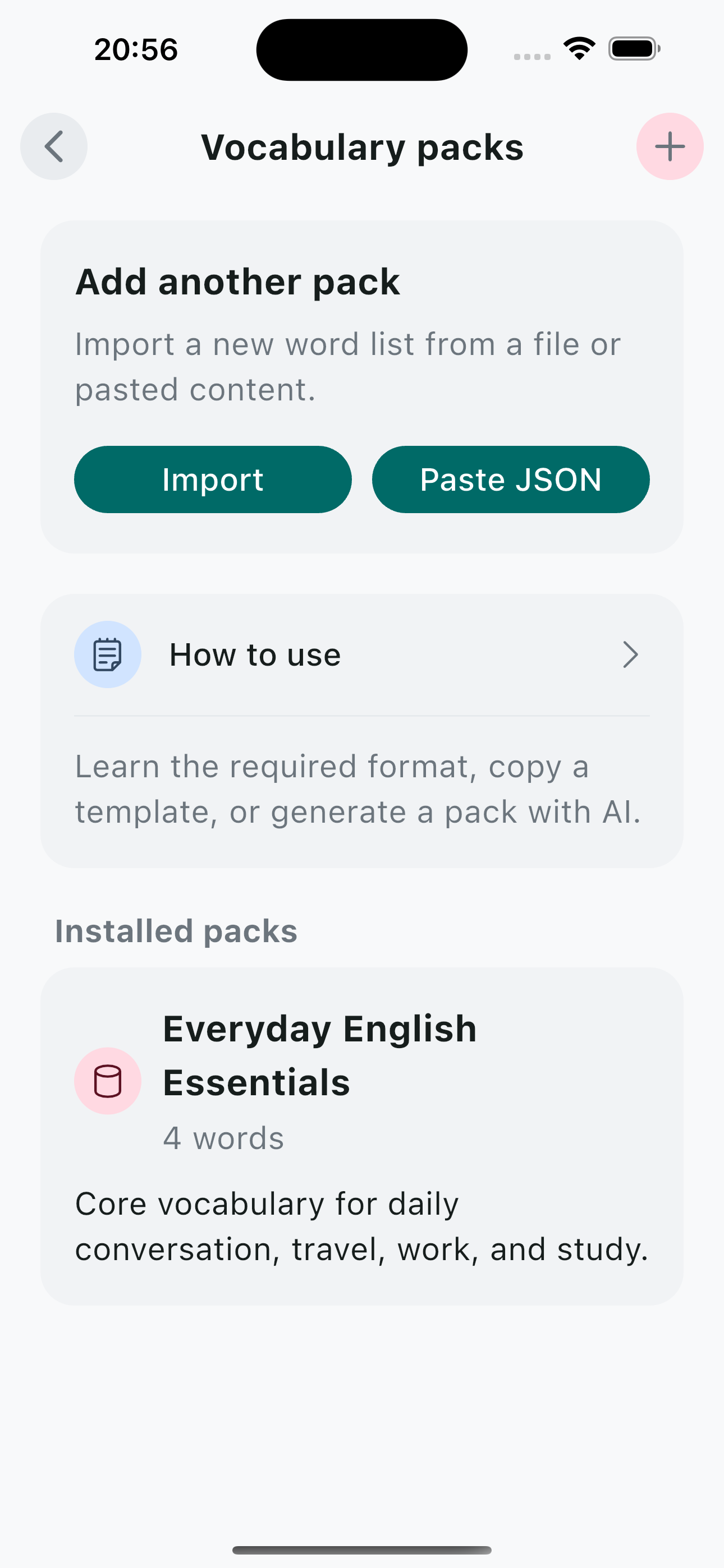 Add words, shape packs, and study what matters main screen